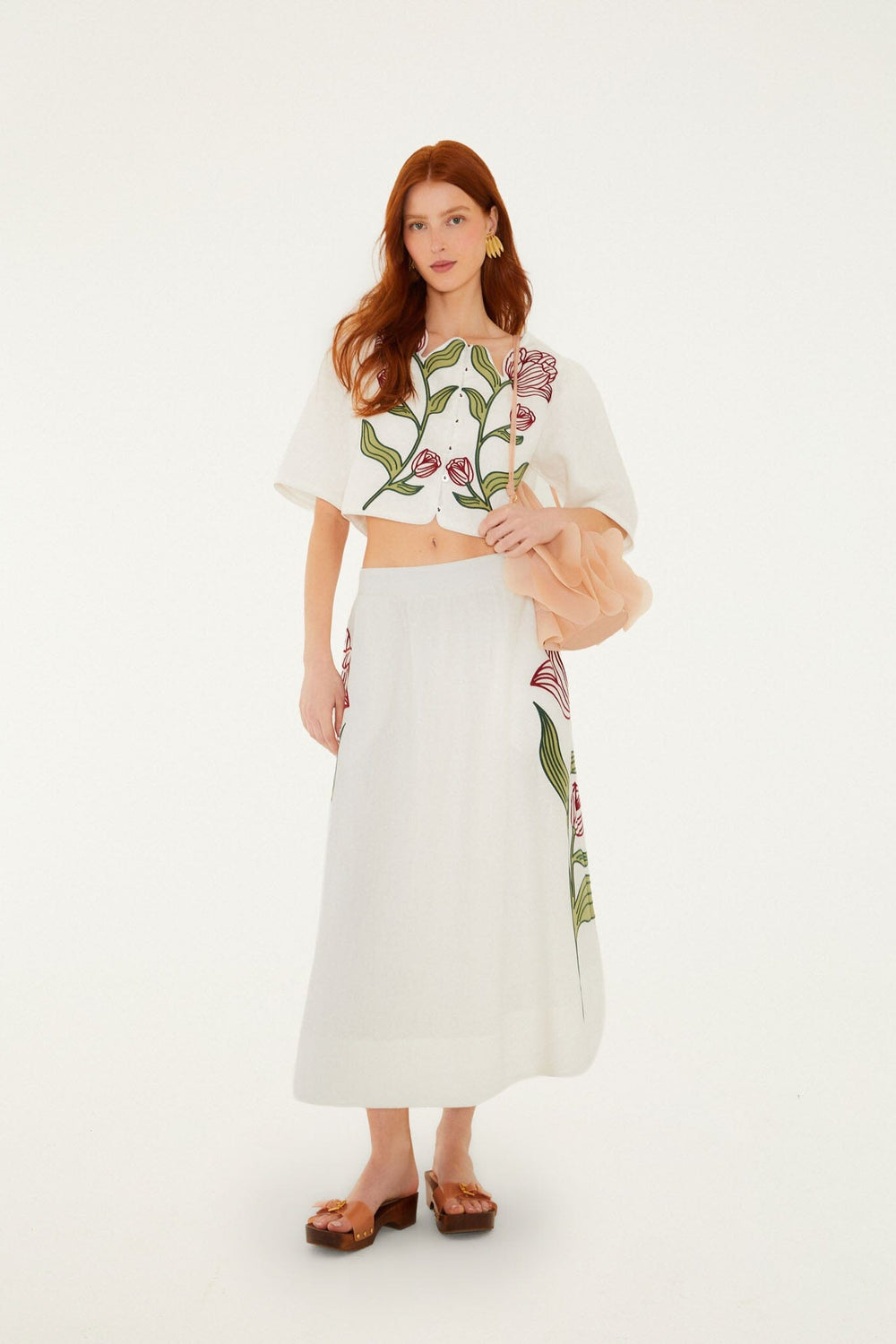 Off-White Flower Embroidered Euroflax Premium Linen Midi Skirt - FARM Rio OFF-WHITE