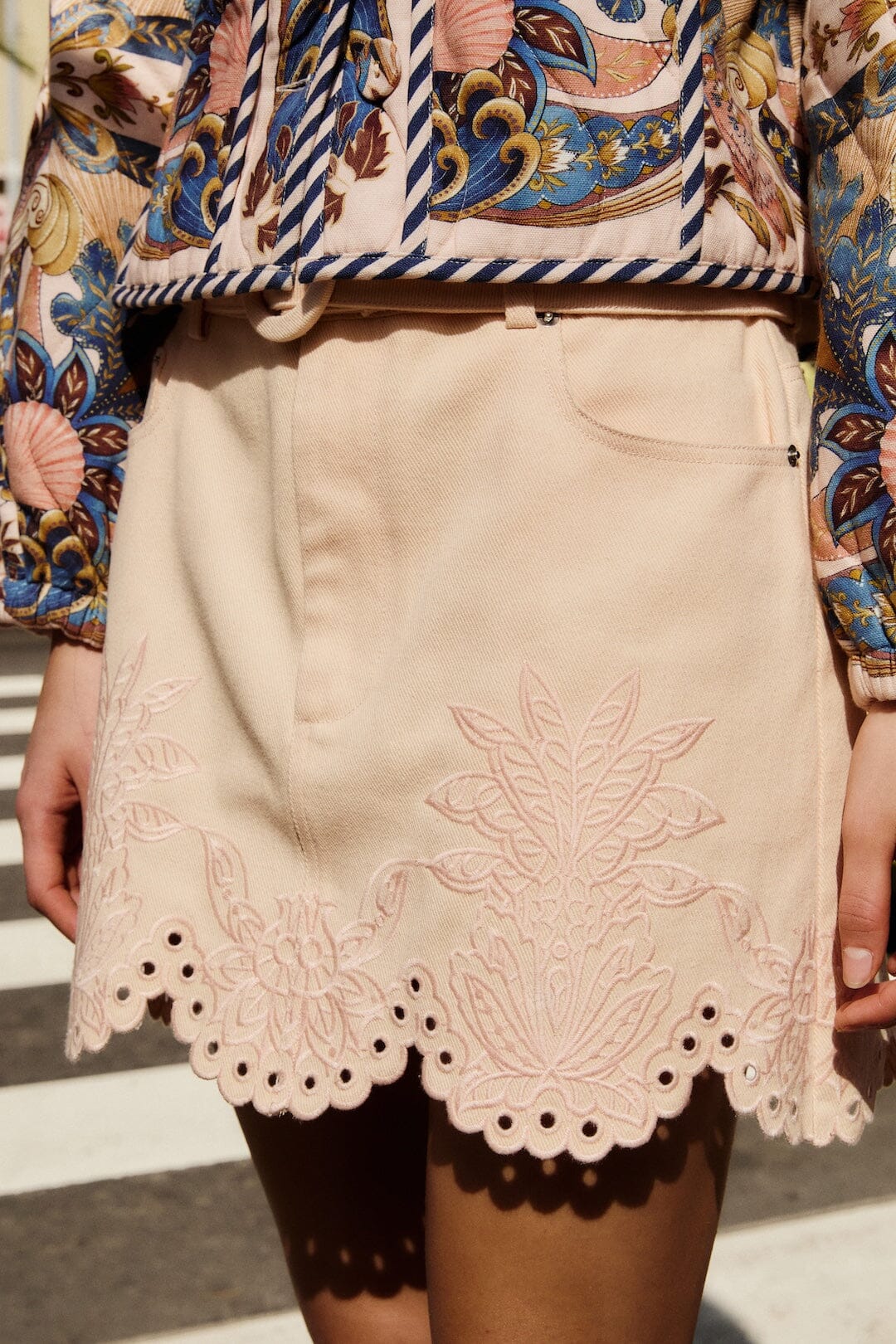 Soft Pink Geometric Richelieu Twill Mini Skirt - FARM Rio PINK