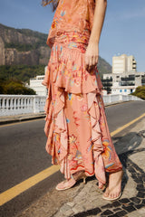 Mocha Boho Enhance Ruched Ruffled Maxi Skirt - FARM Rio BOHO ENCHANCE MOCHA