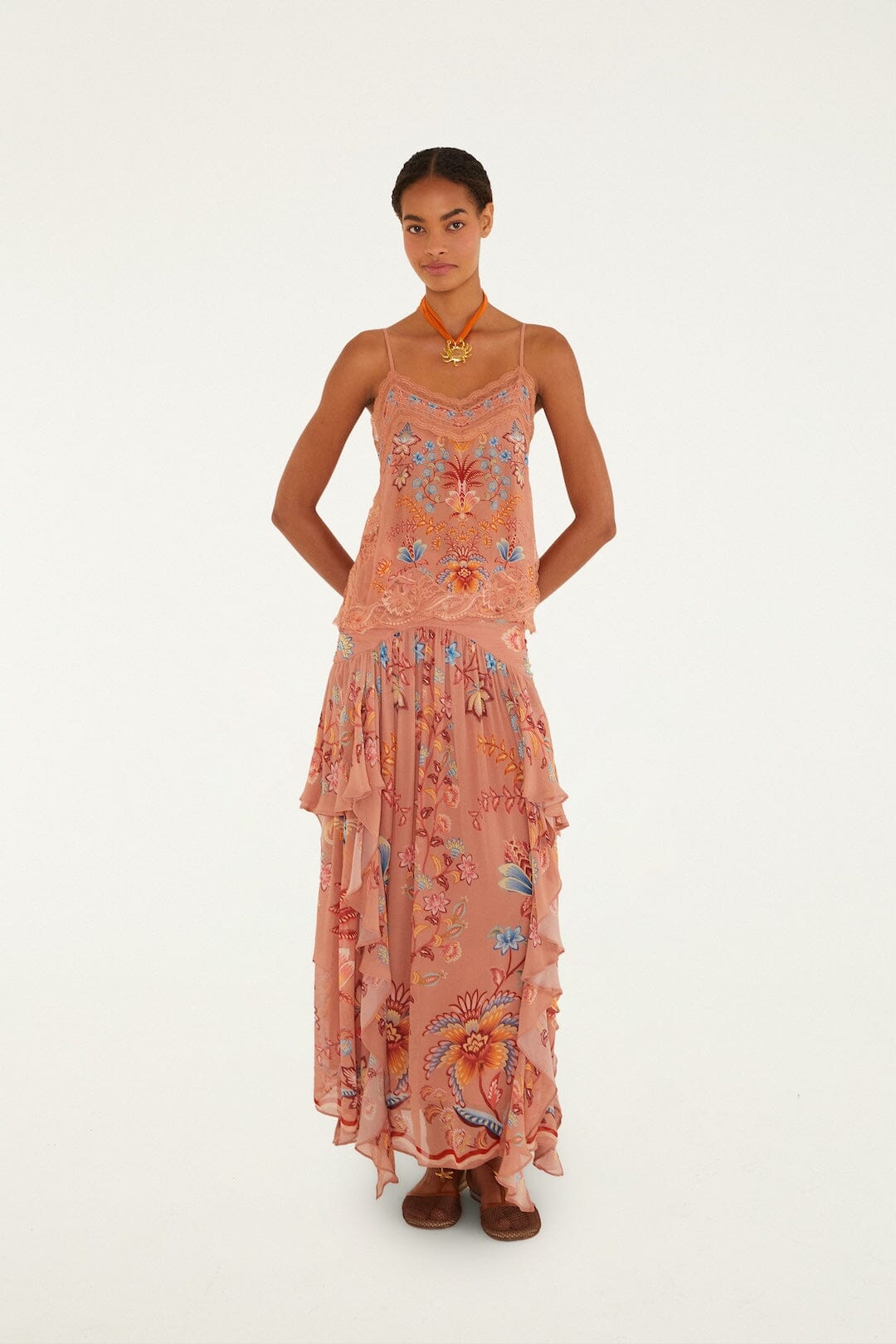 Mocha Boho Enhance Ruched Ruffled Maxi Skirt - FARM Rio BOHO ENCHANCE MOCHA