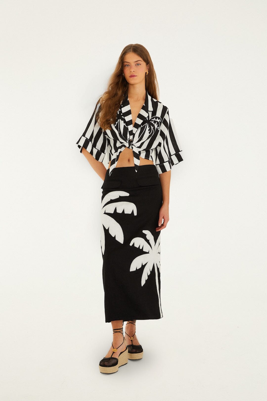 Black Embroidered Palm Tree Euroflax Premium Linen Maxi Skirt - FARM Rio BLACK