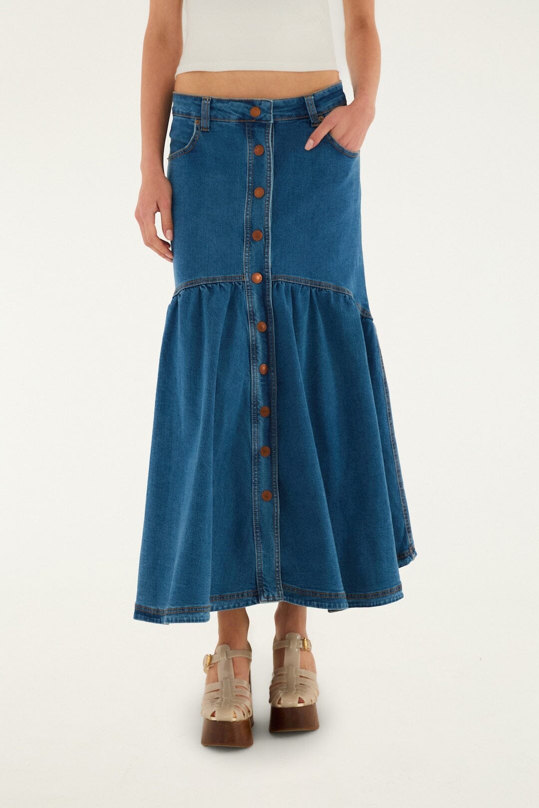 Panelled Denim Long Skirt - FARM Rio DENIM