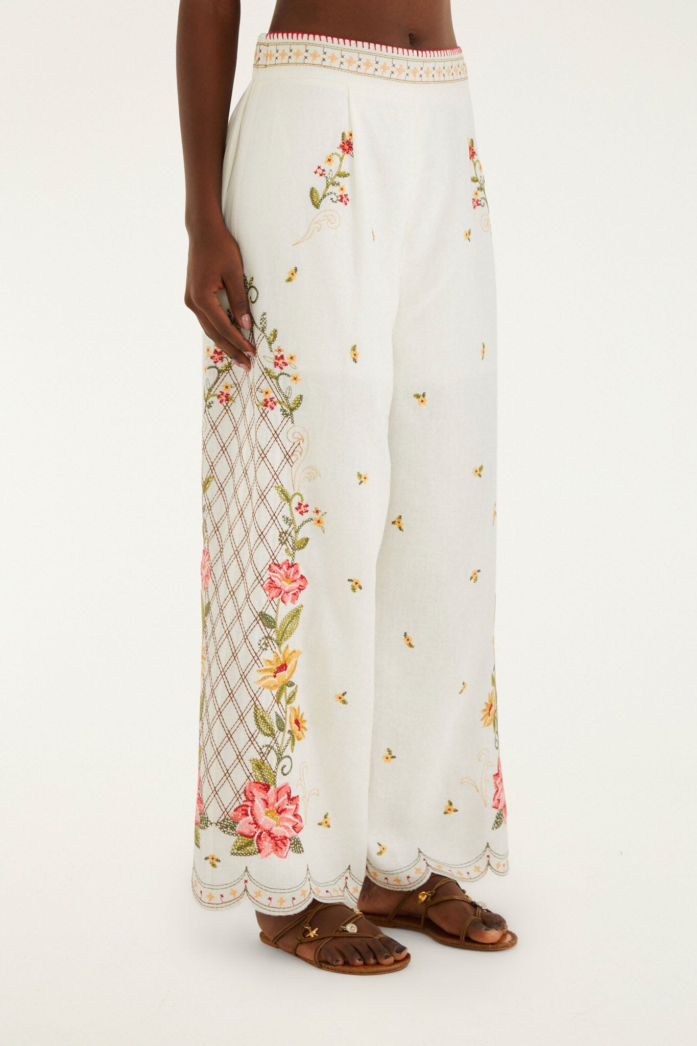 Off-White Flower Embroidery Wide-Leg Pants - FARM Rio OFF-WHITE