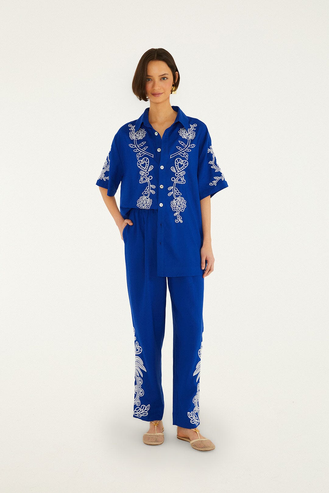 Blue Romantic Embroidered Lenzing Ecovero Euroflax Pants - FARM Rio BLUE