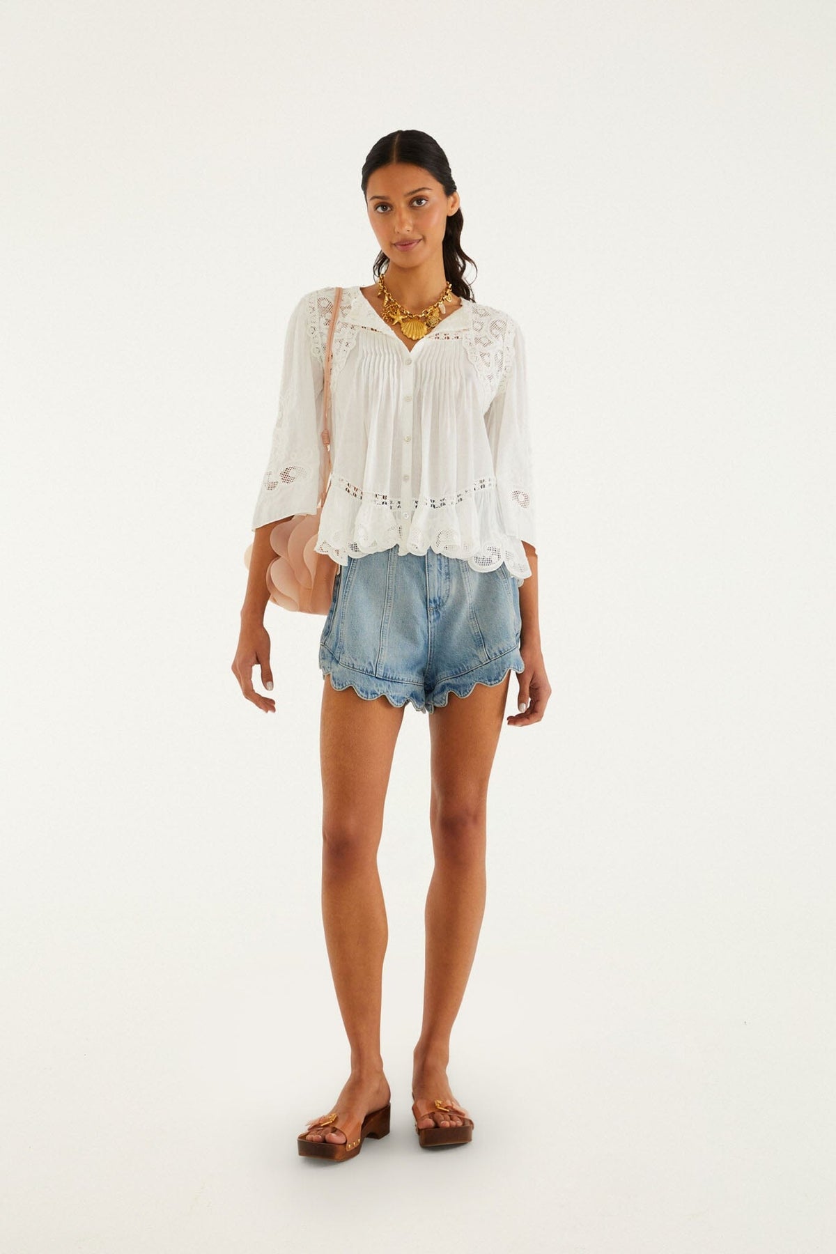 Light Denim Romantic Wavy Hem Shorts - FARM Rio DENIM