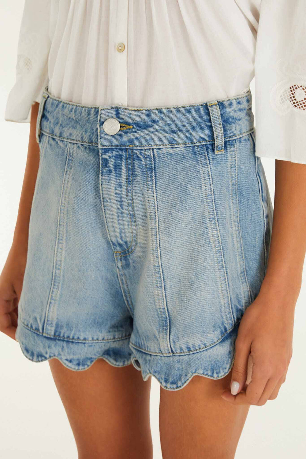 Light Denim Romantic Wavy Hem Shorts - FARM Rio DENIM