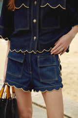 Dark Denim Pockets Wavy Hem Shorts - FARM Rio DENIM