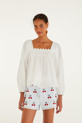 Embroidered Cherry Denim Shorts - FARM Rio DENIM