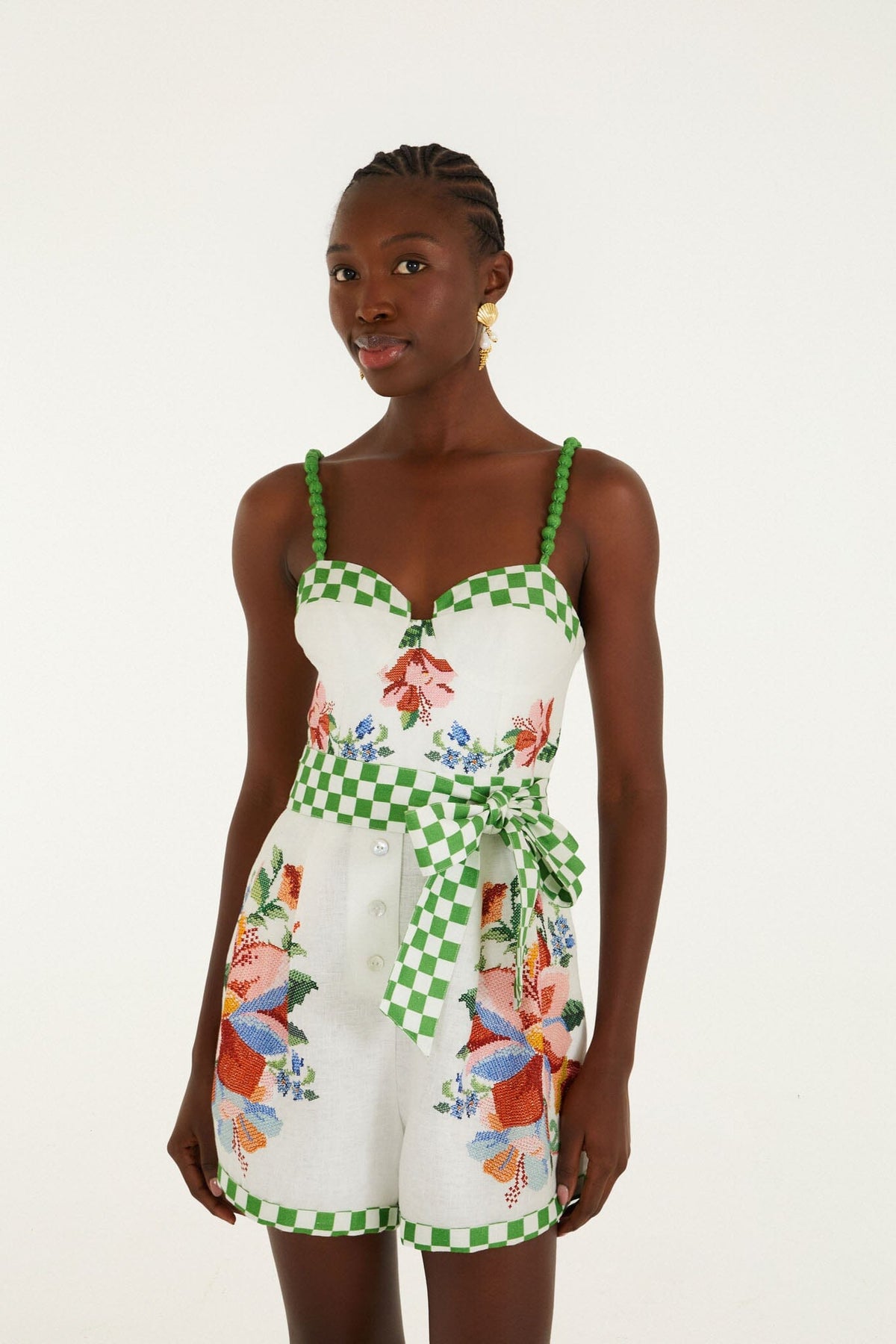 Off-White Calm Breeze Beaded Straps Belted Romper - FARM Rio CALM BREEZE OFF-WHITE