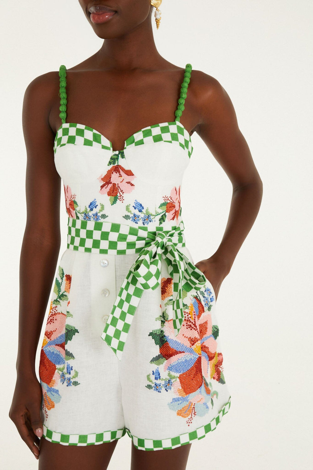 Off-White Calm Breeze Beaded Straps Belted Romper - FARM Rio CALM BREEZE OFF-WHITE