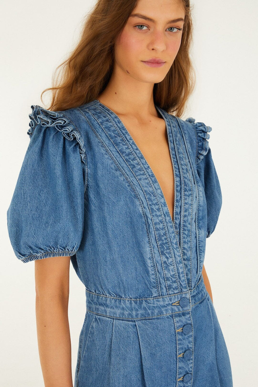 Denim Ruffled Puff Sleeve Romper - FARM Rio DENIM