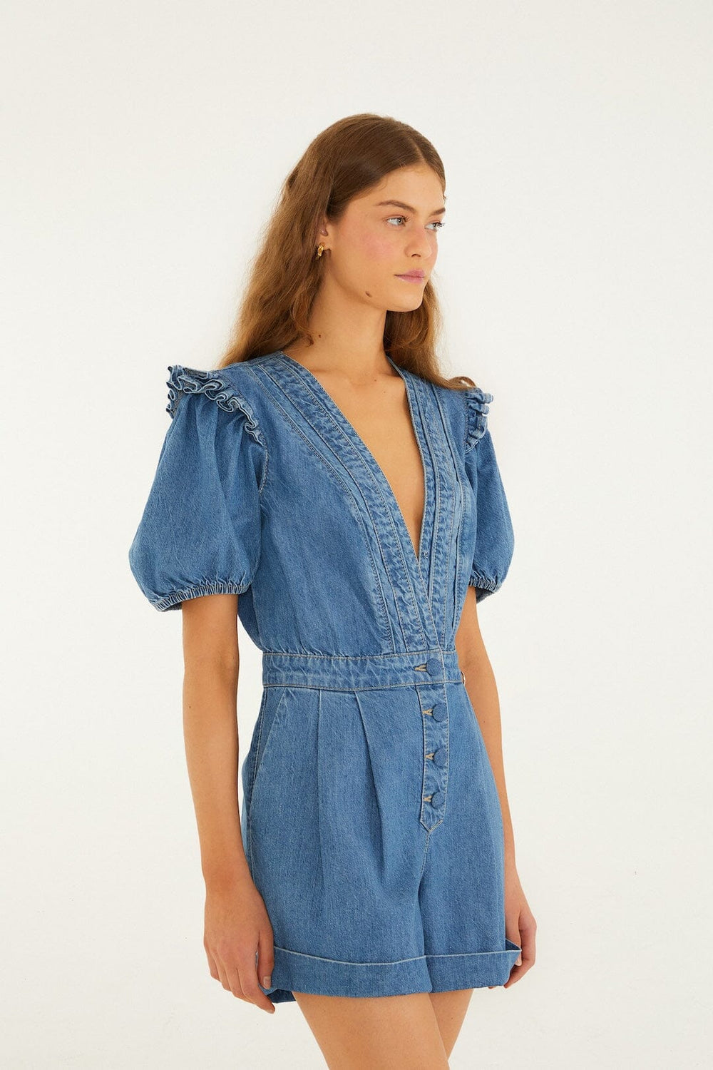 Denim Ruffled Puff Sleeve Romper - FARM Rio DENIM