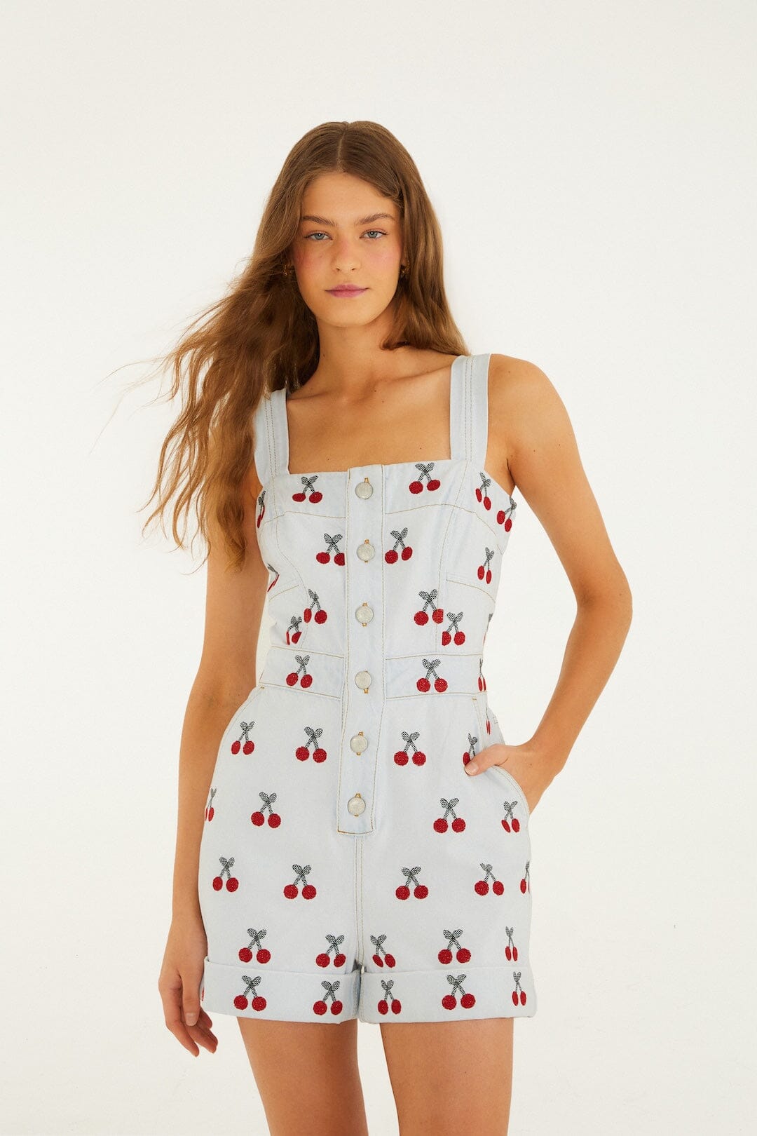 Embroidered Cherry Denim Romper - FARM Rio DENIM