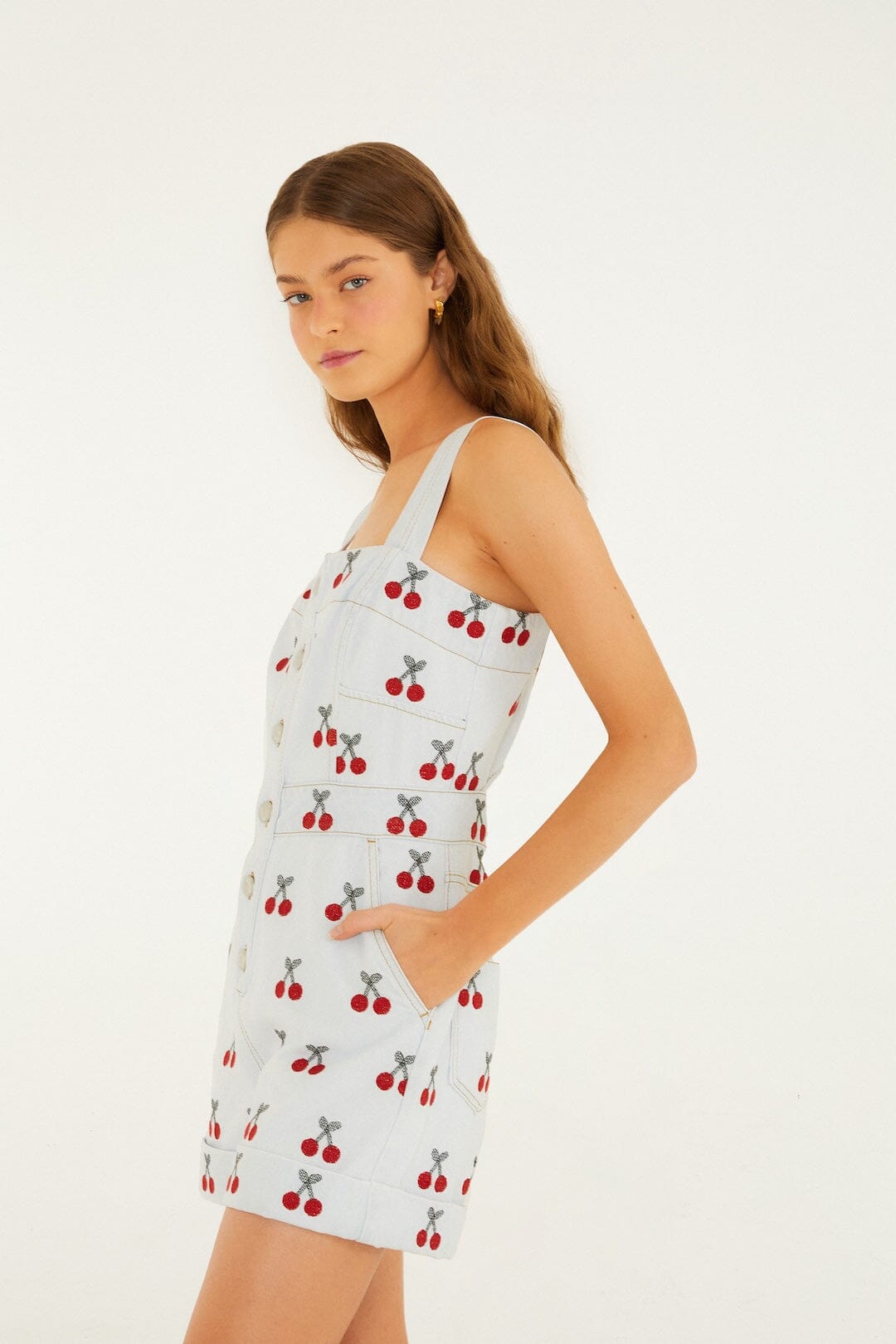 Embroidered Cherry Denim Romper - FARM Rio DENIM