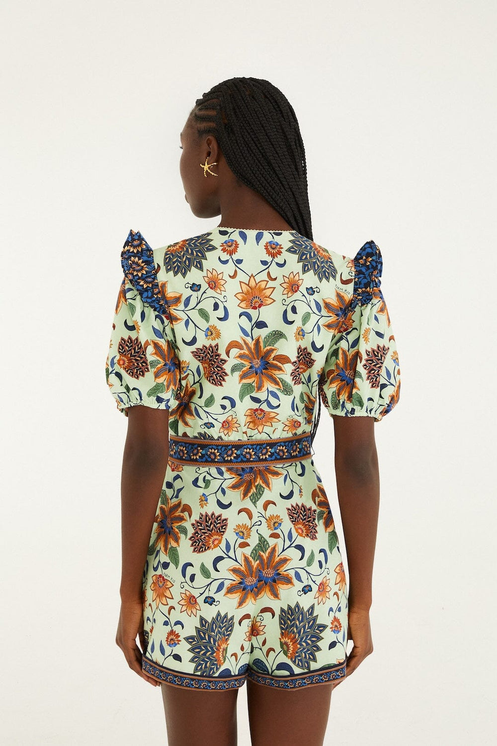 Light Green Floral Delhi Tapestry Belted Organic Cotton Romper - FARM Rio FLORAL DELHI TAPESTRY LIGHT GREEN
