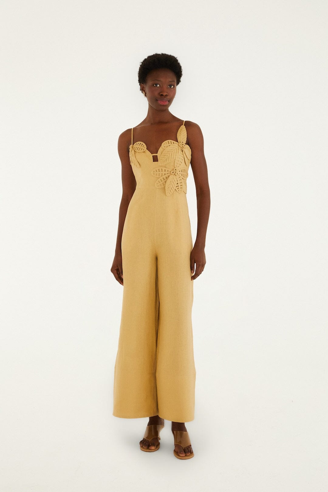 Sand 3d Flowers Euroflax Premium Linen Jumpsuit - FARM Rio SAND