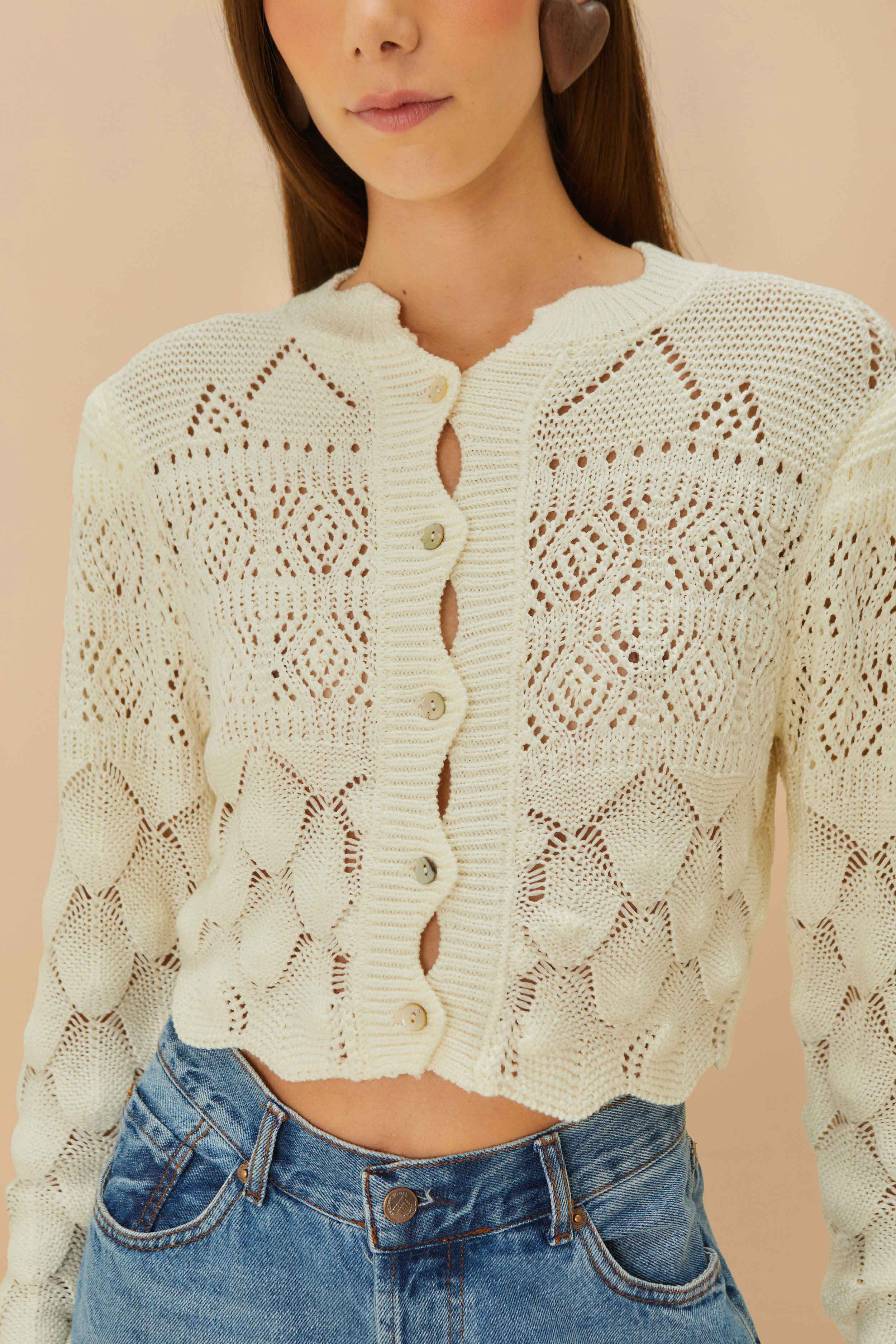Off-White Mixed Lace Stitch Cardigan - FARM Rio OFF-WHITE