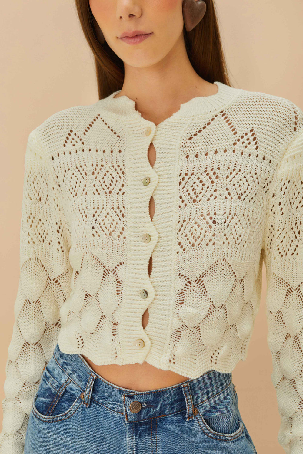 Off-White Mixed Lace Stitch Cardigan - FARM Rio OFF-WHITE