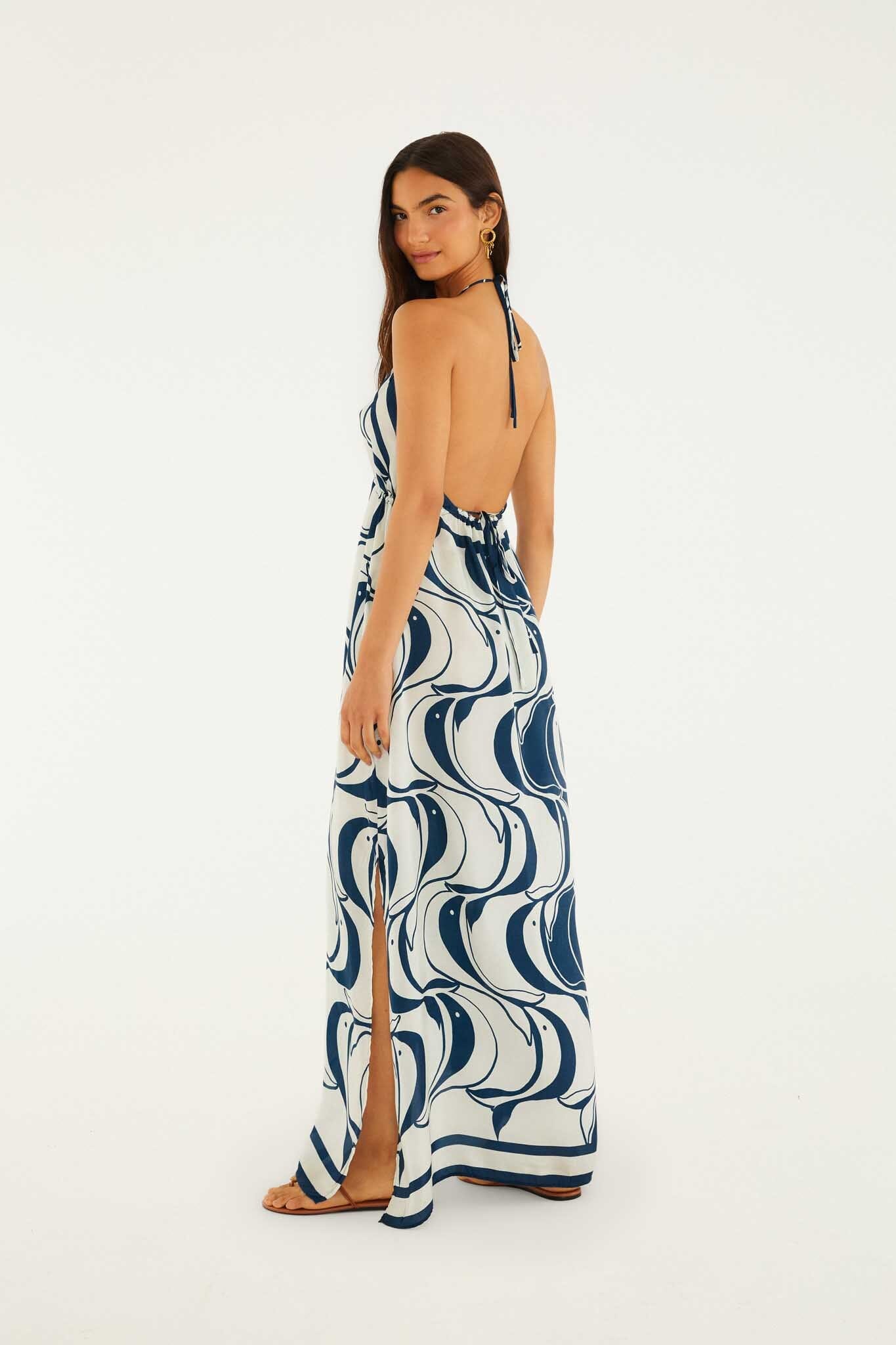 Blue Plunging Neck Maxi Dress - FARM Rio PEIXE COPA