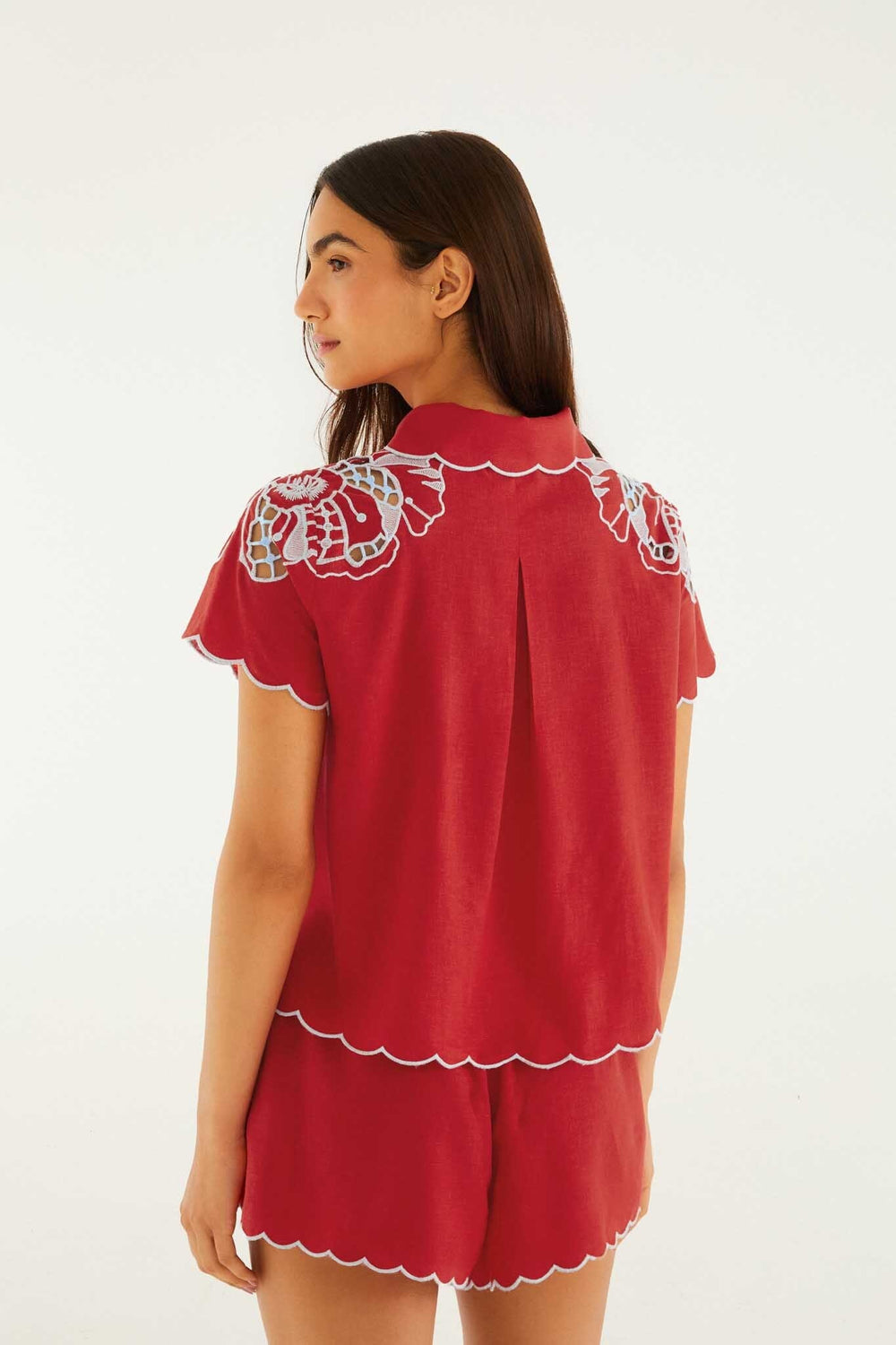 Red Embroidered Shorts - FARM Rio POPPY FLOWERS