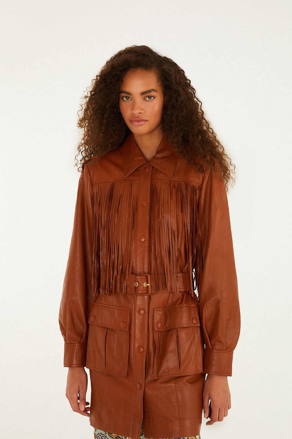Brown Fringes Leather Coat - FARM Rio BROWN