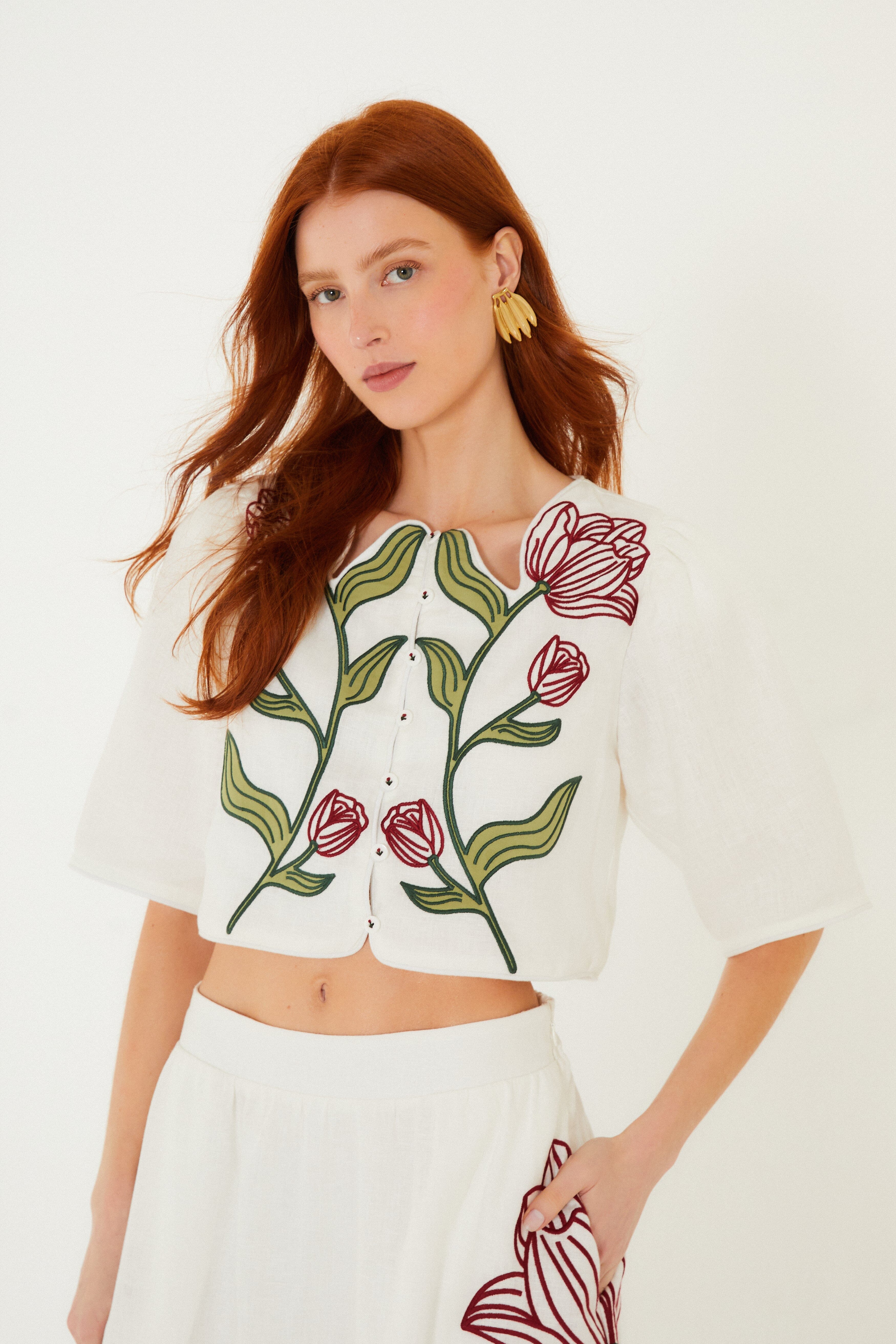 Off-White Flower Embroidered Euroflax Premium Linen Crop Top - FARM Rio OFF-WHITE