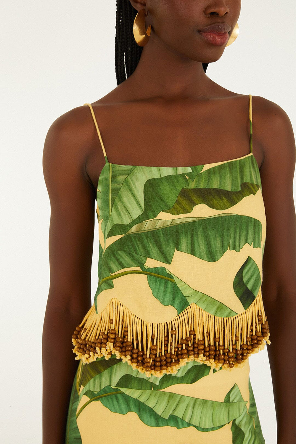 Yellow Fruit Leaves Banana Beaded Fringes Sleeveless Top - FARM Rio FRUIT LEAVES BANANA YELLOW