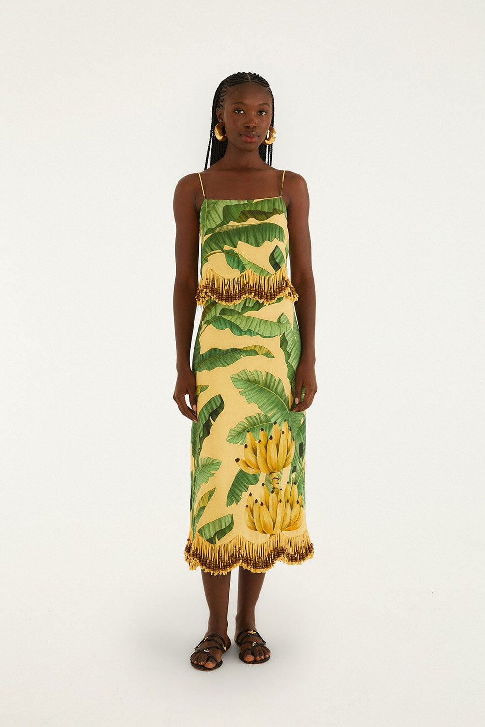 Yellow Fruit Leaves Banana Beaded Fringes Sleeveless Top - FARM Rio FRUIT LEAVES BANANA YELLOW