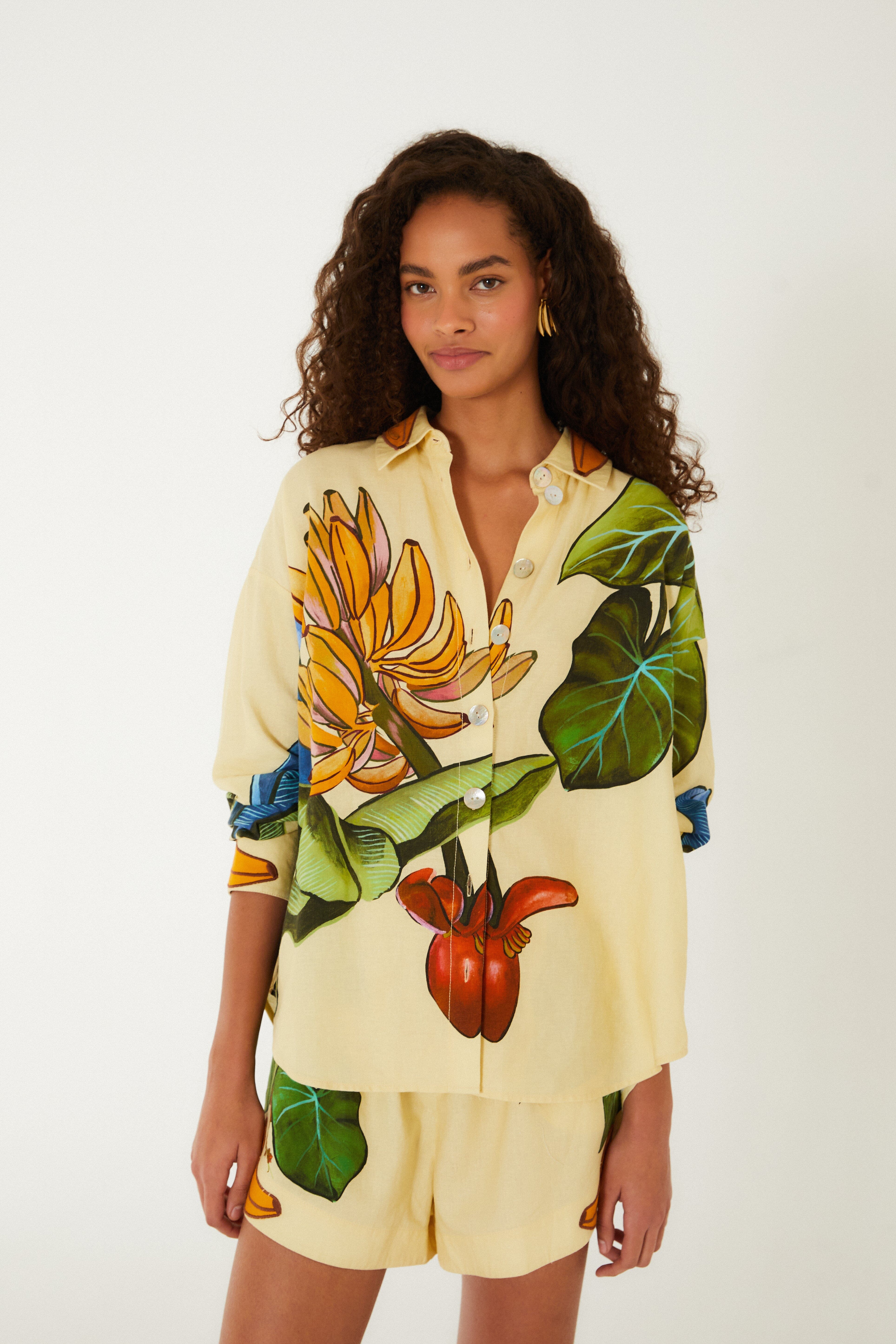 Yellow Banana Grapes Lenzing Ecovero Euroflax Shirt - FARM Rio BANANA GRAPES YELLOW
