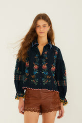 Navy Blue Stitched Garden Wavy Hem Blouse - FARM Rio STITCHED GARDEN NAVY BLUE