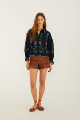 Navy Blue Stitched Garden Wavy Hem Blouse - FARM Rio STITCHED GARDEN NAVY BLUE