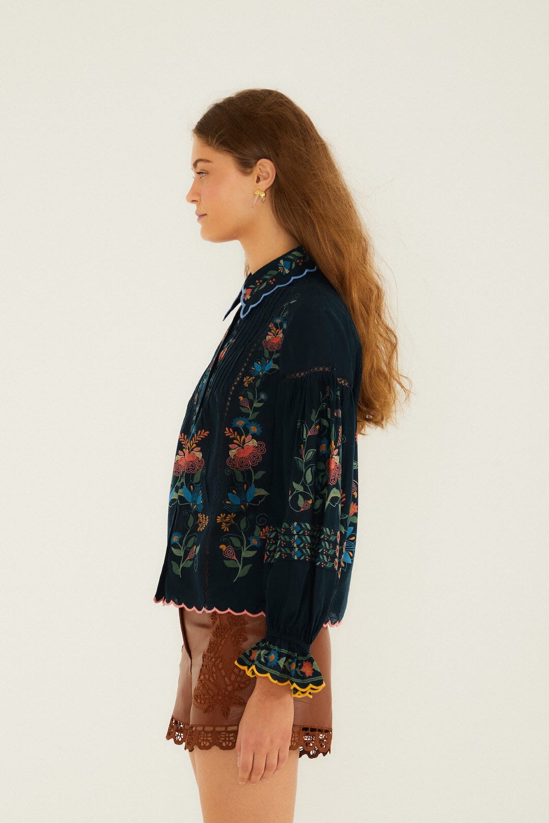 Navy Blue Stitched Garden Wavy Hem Blouse - FARM Rio STITCHED GARDEN NAVY BLUE