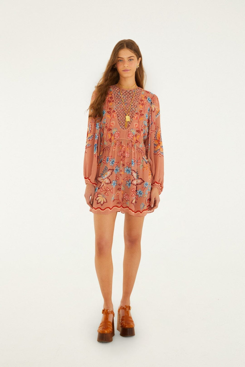 Mocha Boho Enhance Lace Long Sleeve Mini Dress - FARM Rio BOHO ENCHANCE MOCHA