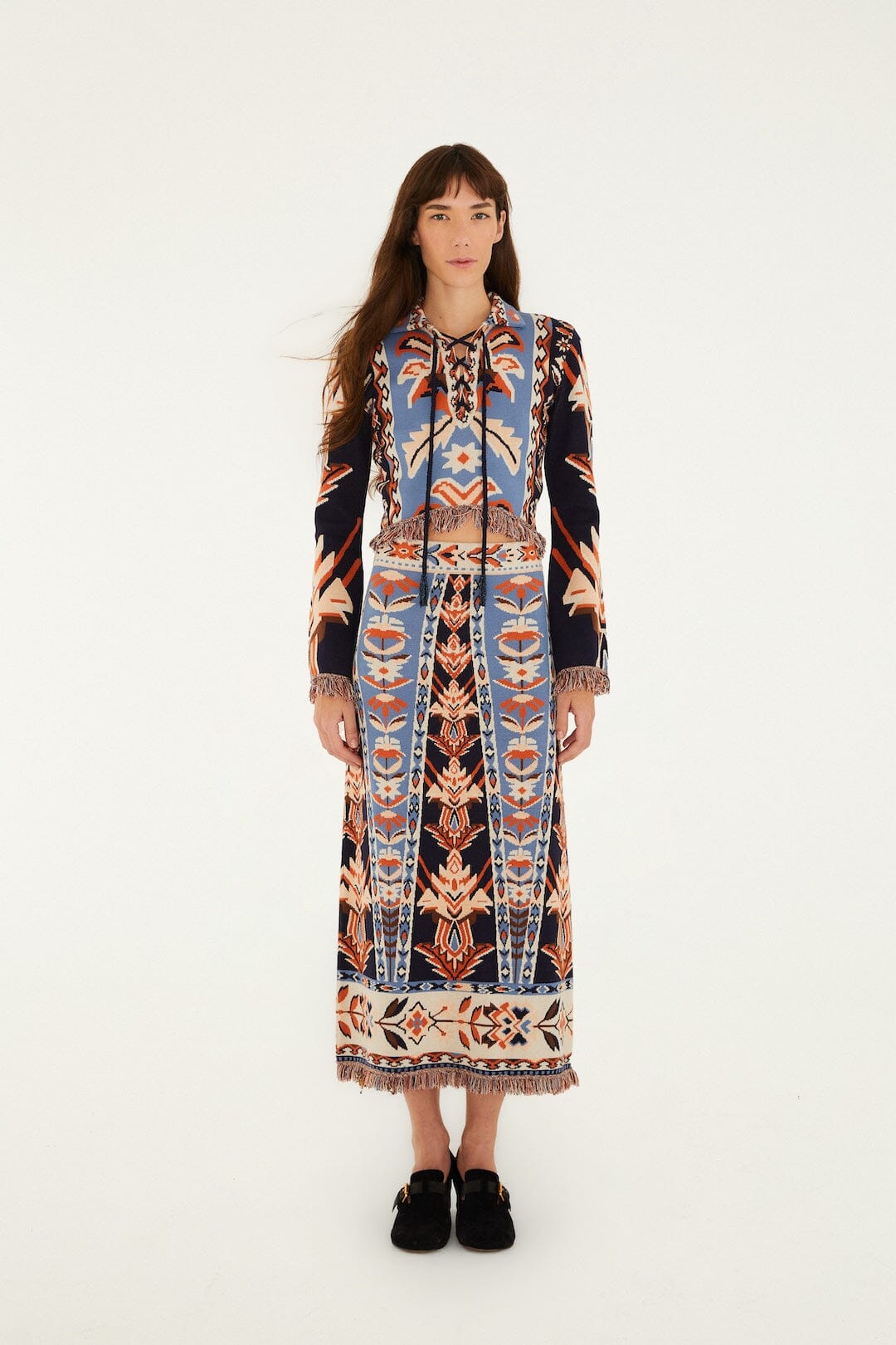 Multicolor Tapestry Fringes Knit Top - FARM Rio EMBROIDERY TAPESTRY BLUE