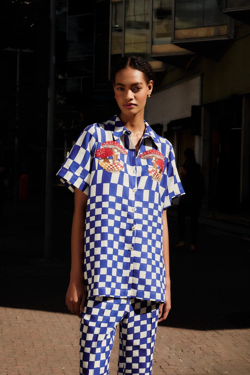 Blue Dream Checkered Short Sleeve Lenzing Ecovero Euroflax Shirt - FARM Rio DREAM CHECKERED BLUE