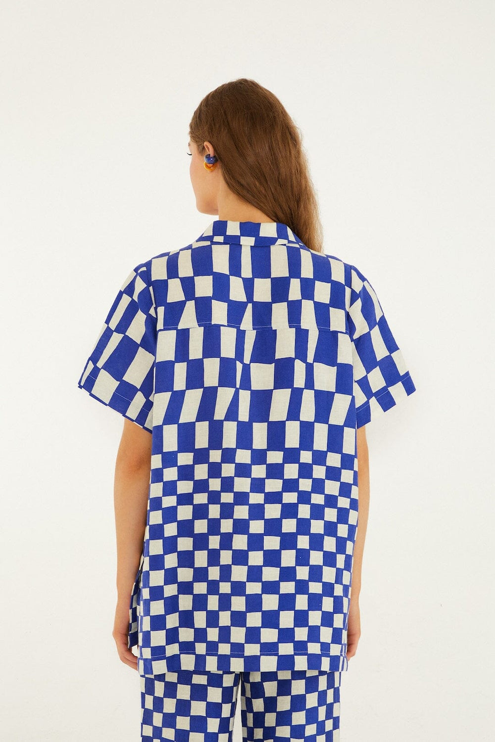 Blue Dream Checkered Short Sleeve Lenzing Ecovero Euroflax Shirt - FARM Rio DREAM CHECKERED BLUE