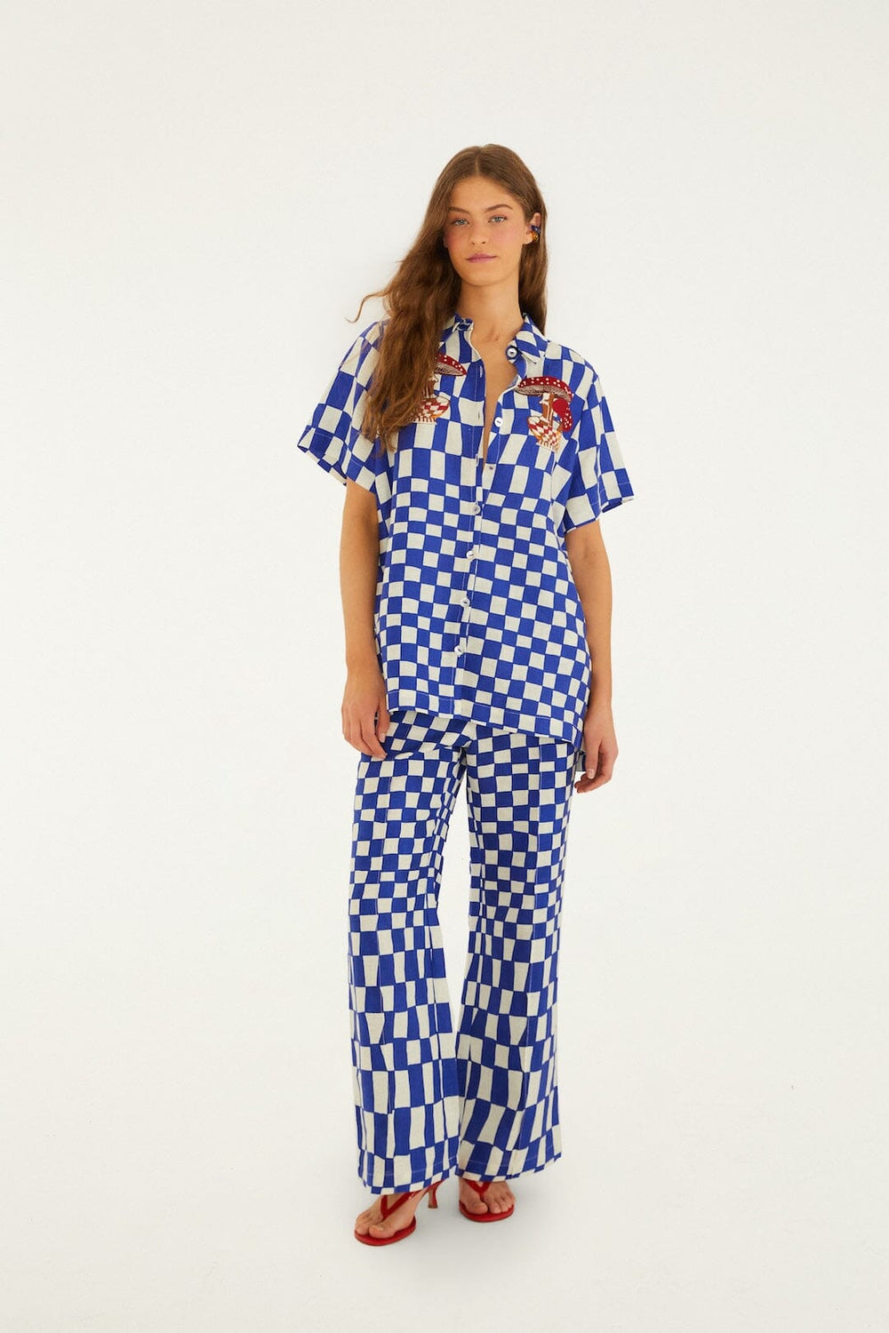 Blue Dream Checkered Short Sleeve Lenzing Ecovero Euroflax Shirt - FARM Rio DREAM CHECKERED BLUE