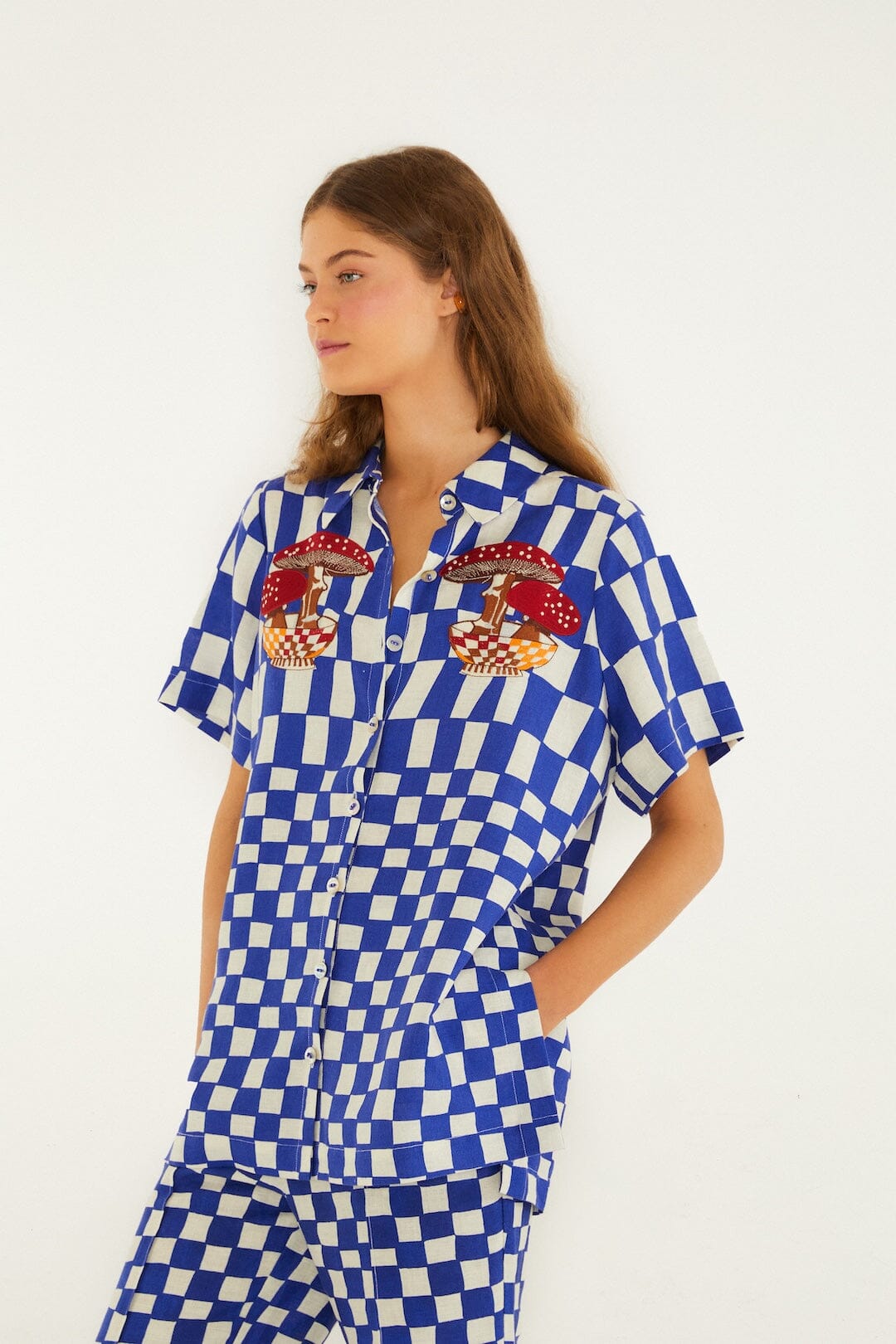Blue Dream Checkered Short Sleeve Lenzing Ecovero Euroflax Shirt - FARM Rio DREAM CHECKERED BLUE