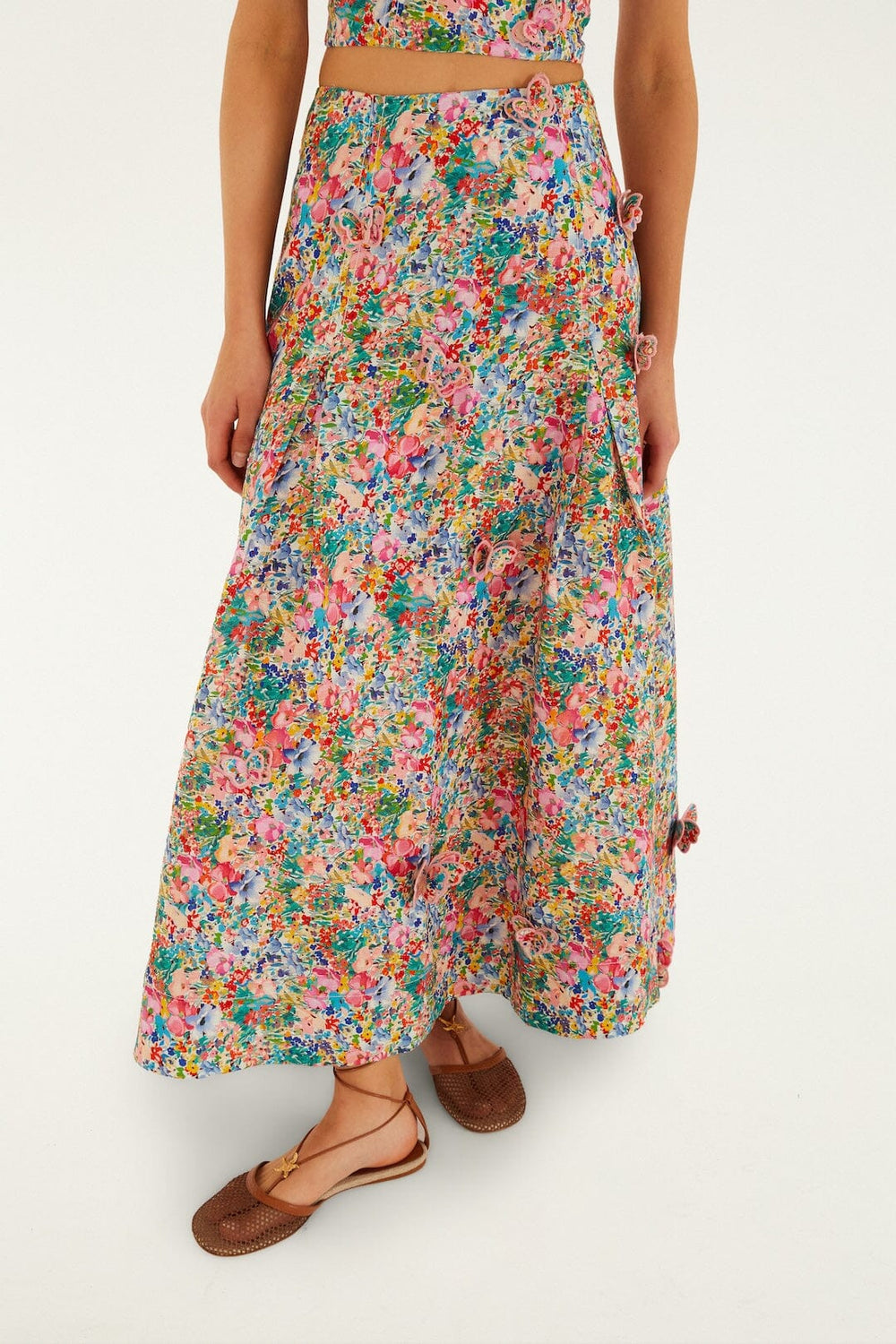 Off-White Peasant Floral Butterflies Euroflax Premium Linen Maxi Skirt - FARM Rio PEASANT FLORAL OFF-WHITE