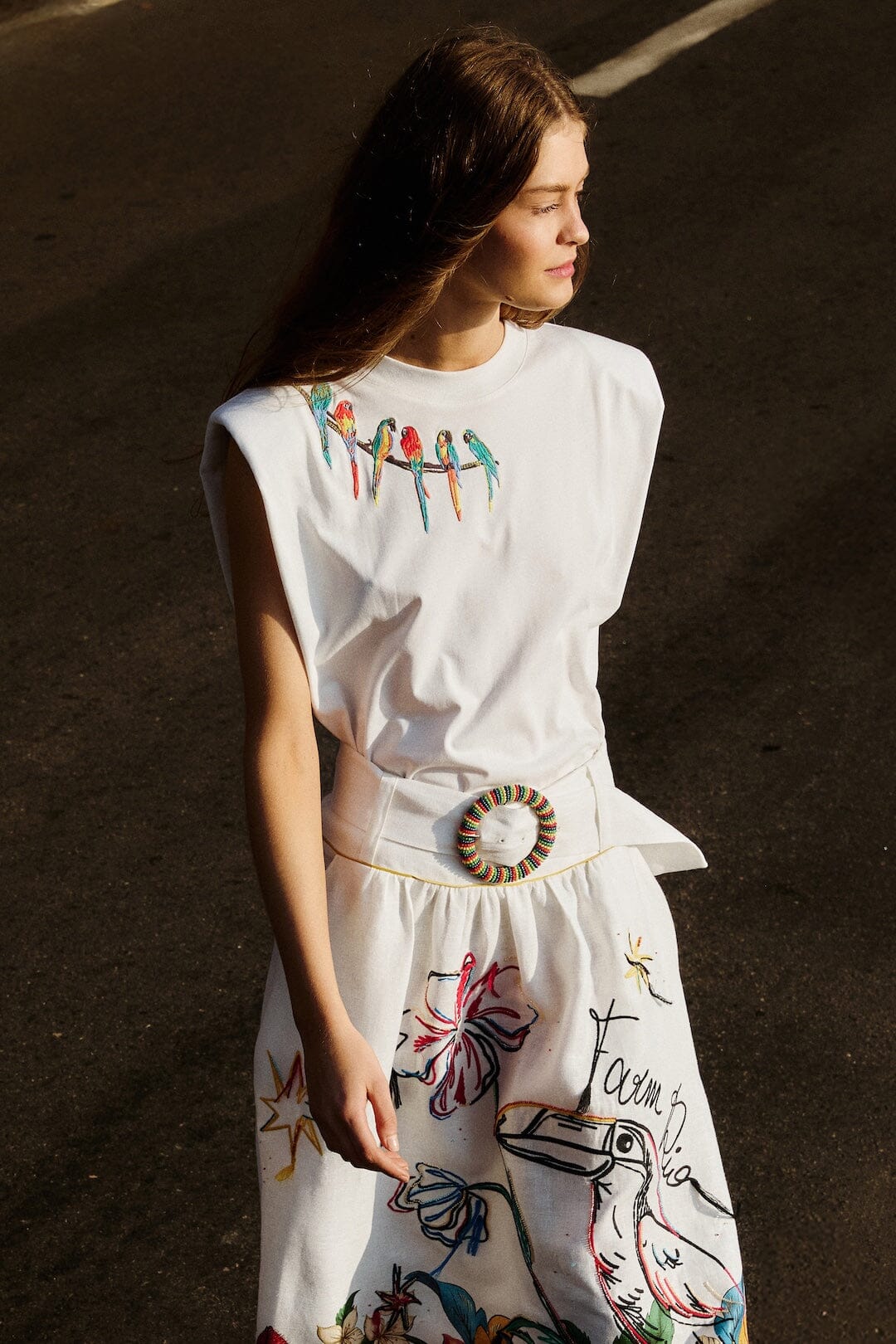 Off-White Birds On Branch Embroidered Organic Cotton T-Shirt - FARM Rio OFF-WHITE