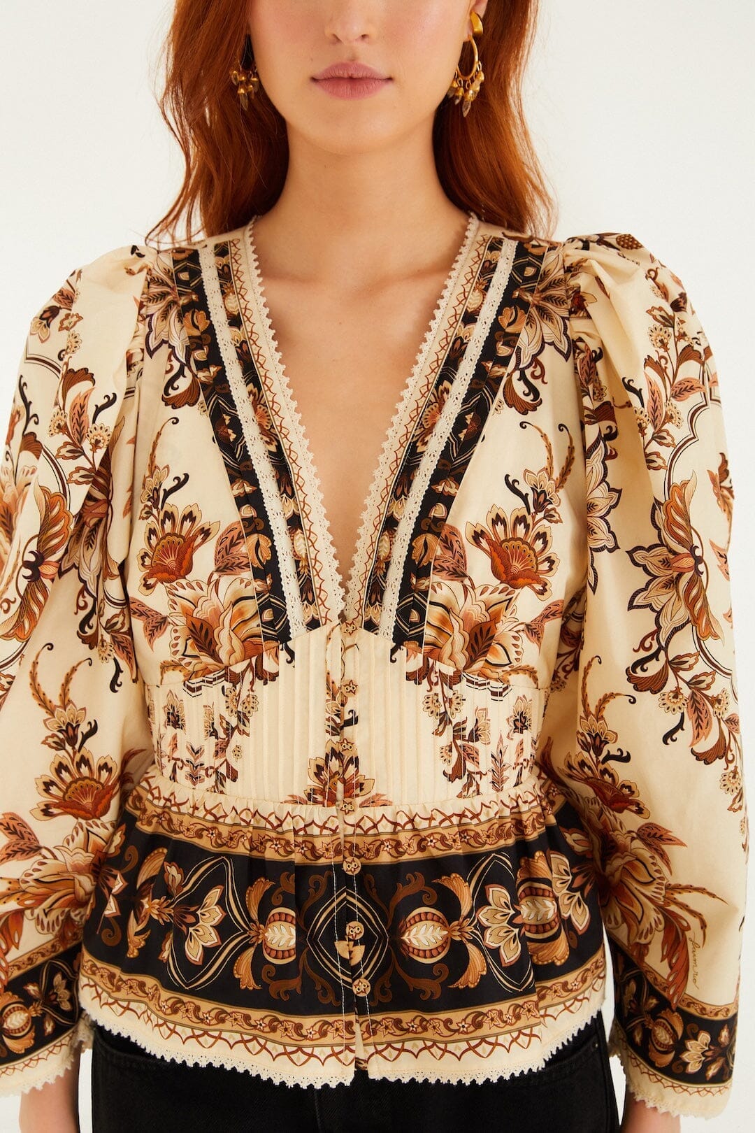 Sand Majestic Garden Lace Puff Sleeve Organic Cotton Blouse - FARM Rio MAJESTIC GARDEN SAND