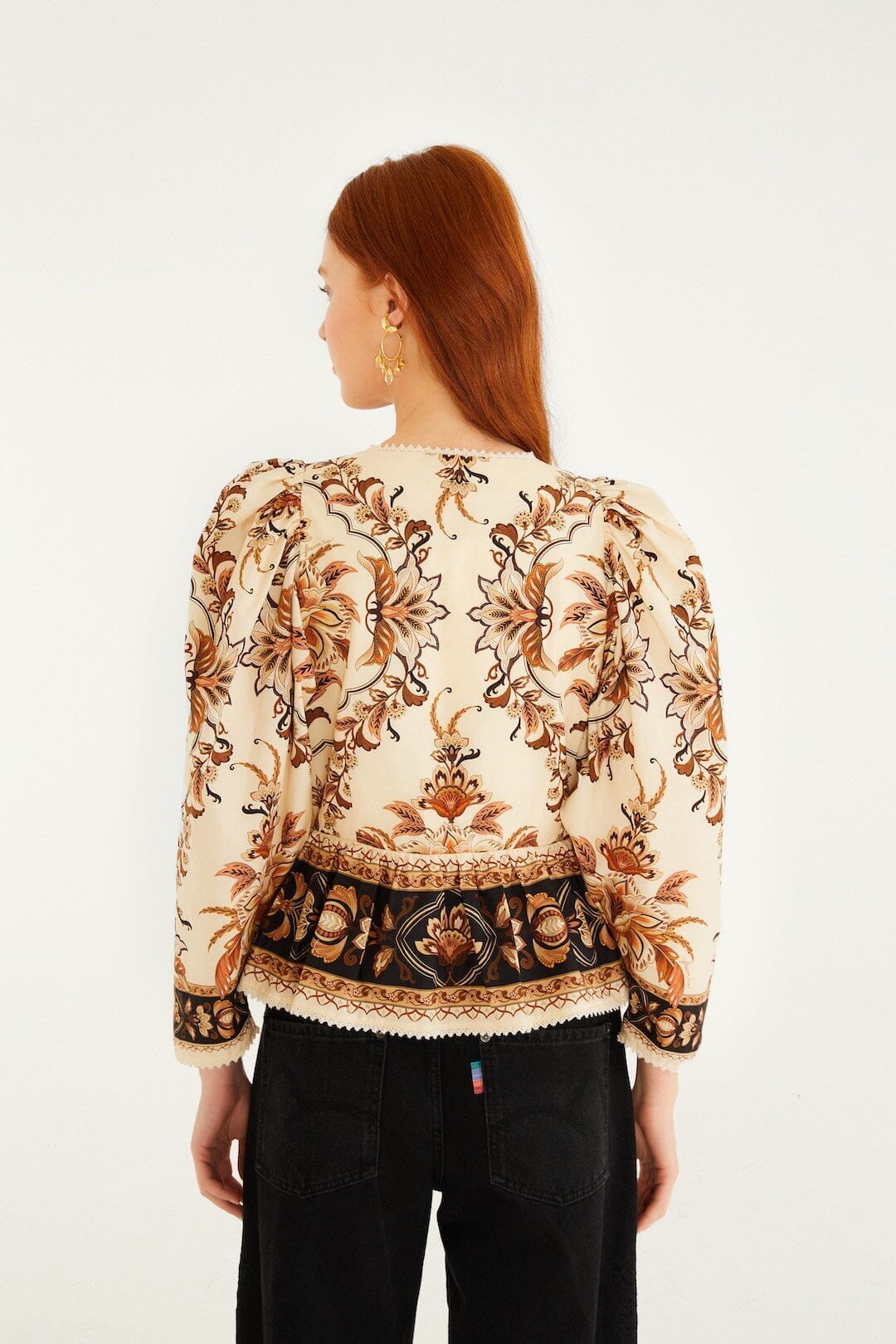 Sand Majestic Garden Lace Puff Sleeve Organic Cotton Blouse - FARM Rio MAJESTIC GARDEN SAND