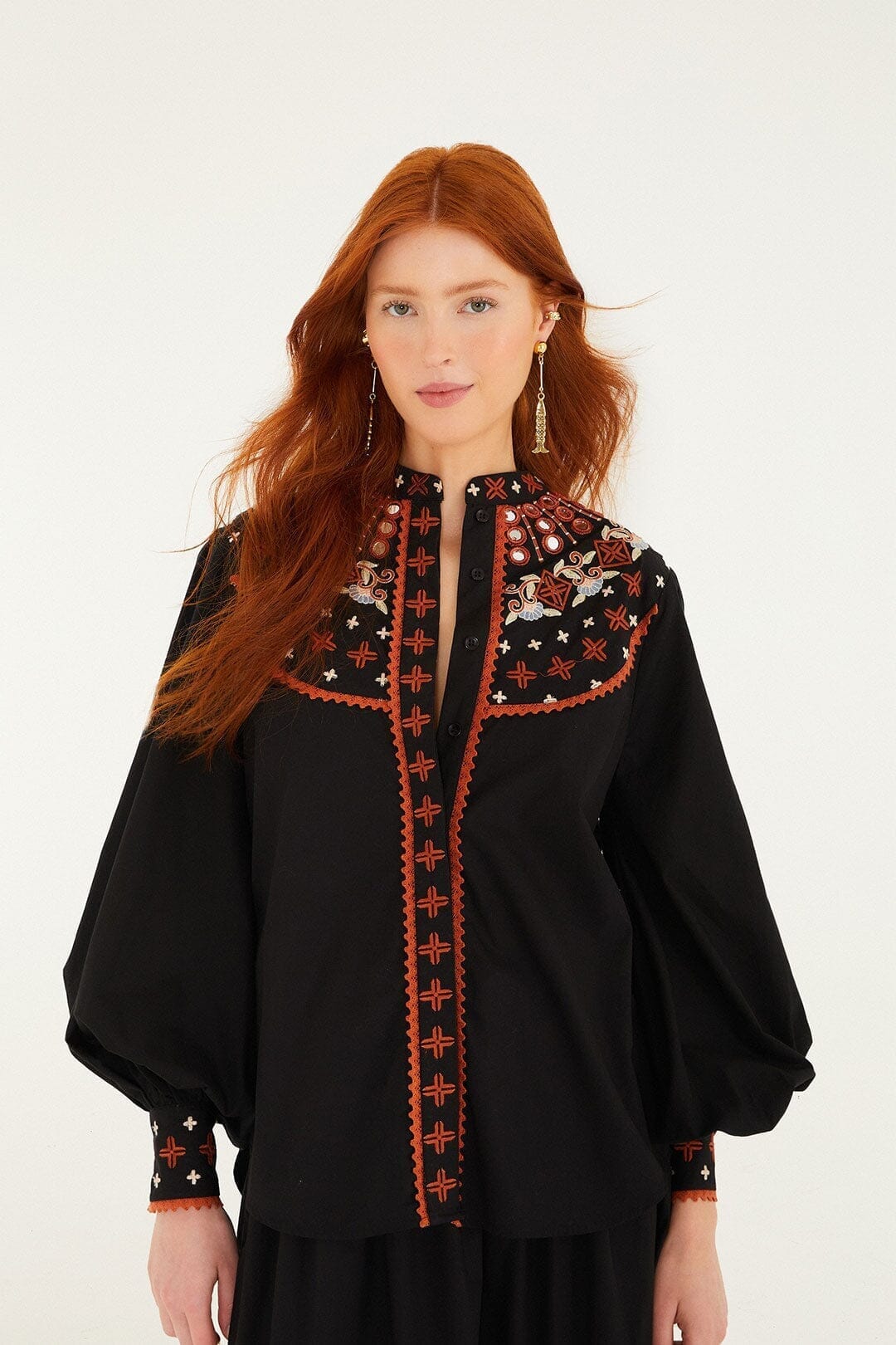 Black Embroidered Buttoned Long Sleeve Shirt - FARM Rio BLACK