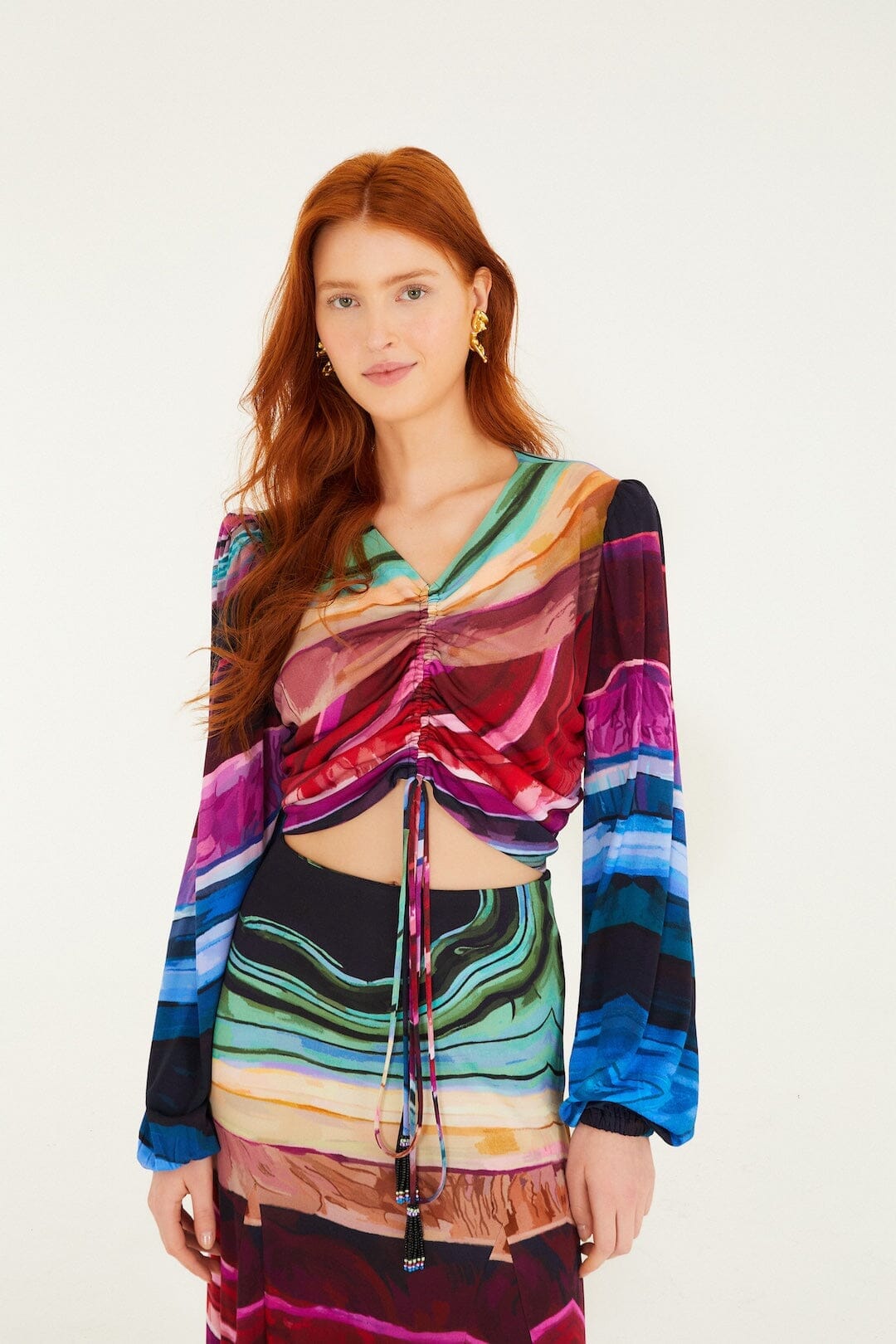 Multicolor Precious Gems Long Sleeve Draped Top - FARM Rio PRECIOUS GEMS MULTICOLOR