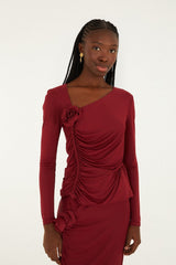 Burgundy 3d Flower Draped Long Sleeve Blouse - FARM Rio BURGUNDY