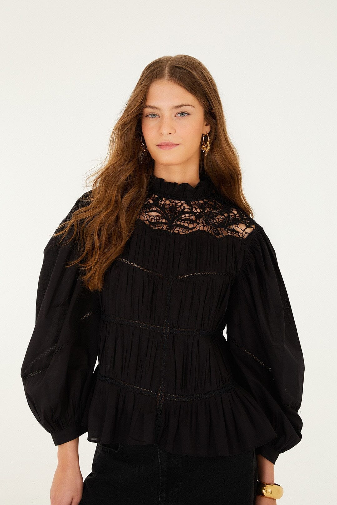 Black Lace Puff Sleeve Blouse - FARM Rio BLACK