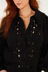 Black Embroidered Buttoned Puff Sleeve Shirt - FARM Rio BLACK