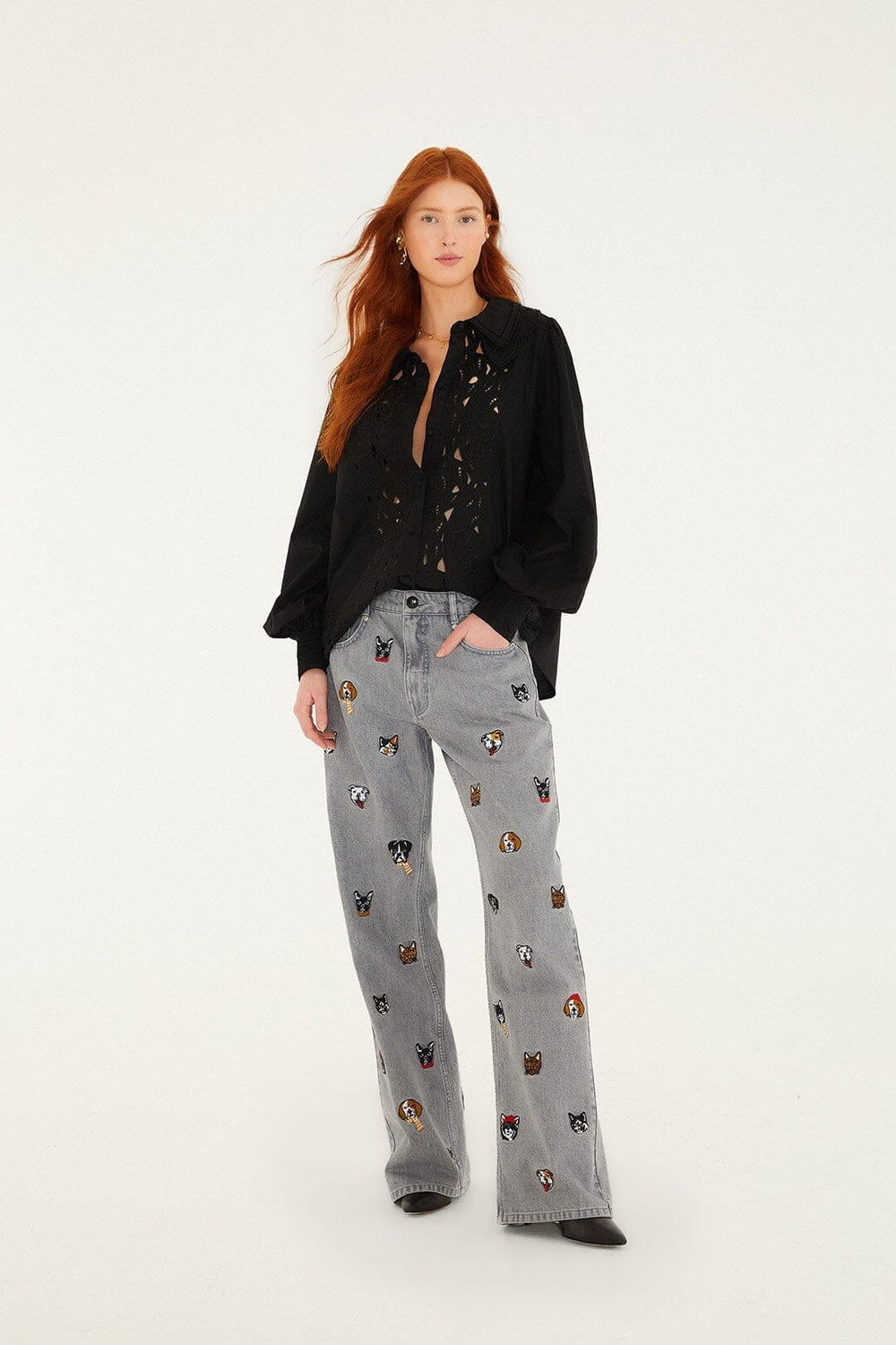 Black Embroidered Buttoned Puff Sleeve Shirt - FARM Rio BLACK