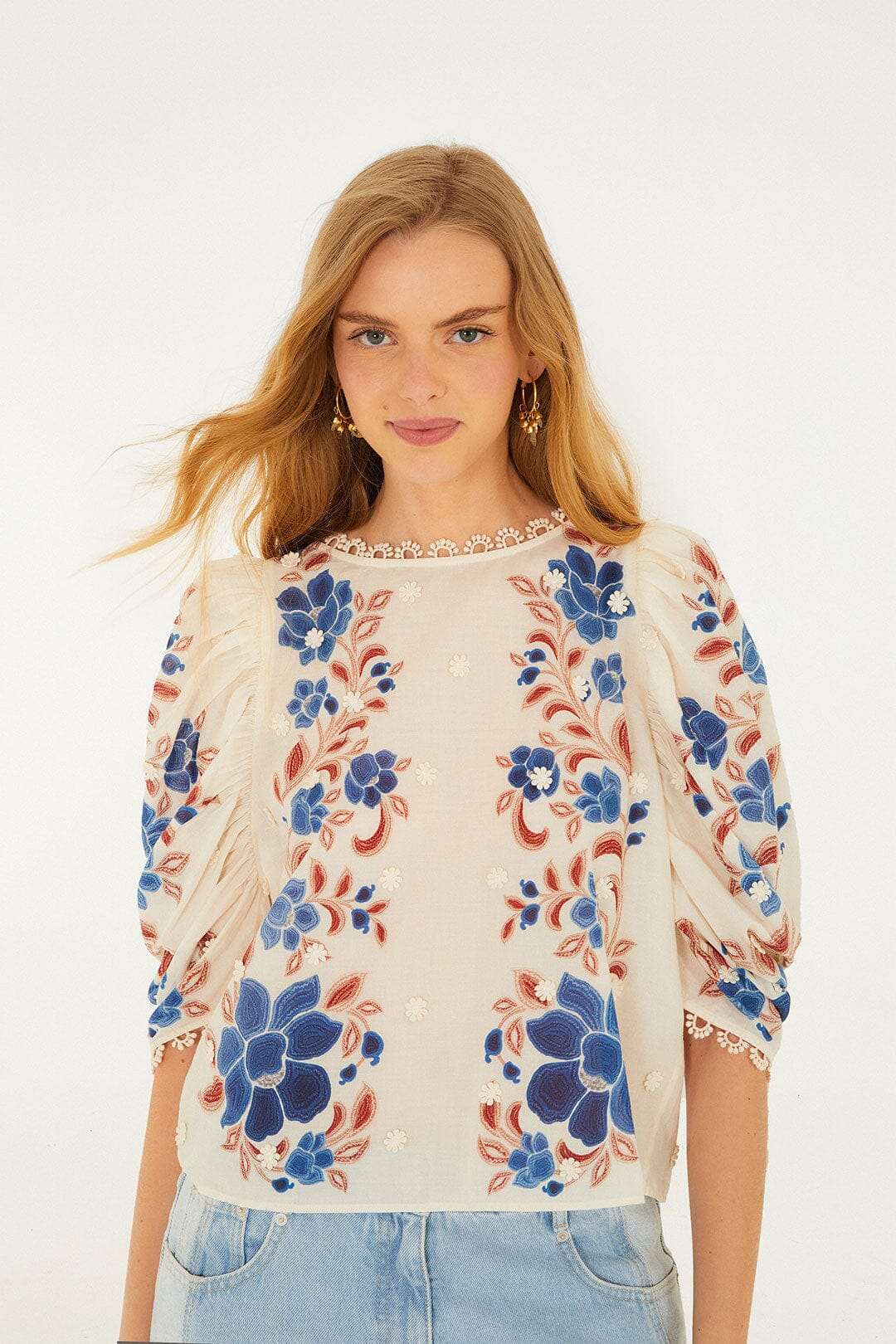 Sand Renata Floral 3d Puff Sleeve Blouse - FARM Rio RENATA FLORAL SAND