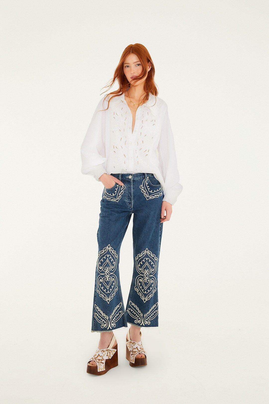Off-White Embroidered Lace Buttoned Smocked Cuff Shirt - FARM Rio OFF-WHITE